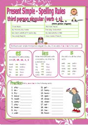 English Worksheet: Present simple -Third person singular -  Spelling Rules