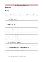 English worksheet: INTRODUCING ONESELF!