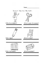 English worksheet: Classroom objects / to be