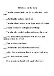English Worksheet: Mr. Bean making a sandwich in the park