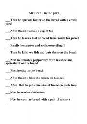 English Worksheet: Mr. Bean making a sandwich in the park