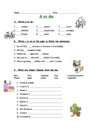 English Worksheet: A or An