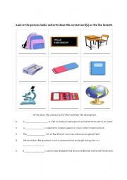 English worksheet: School and Classroom Objects 