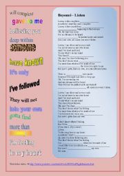 English Worksheet: SONG: Beyonc - Listen 