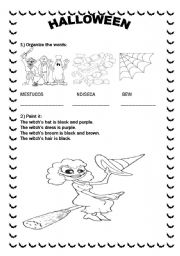 English Worksheet: HALLOWEEN -02 pages (organize the letters, color the witch and complete the words)