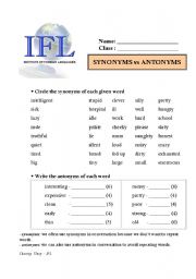 English worksheet: synonyms vs antonyms