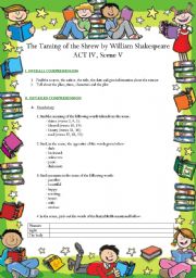 A three page reading comprehension worksheet on Act IV Scene V of The Taming of the Shrew bby William Shakespeare with vocab exercises on lexical fields of the body, light, pleasure; comprehension questions, and exercises to work on Old  vs Modern English