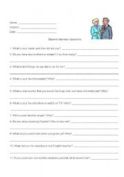 English worksheet: Student Interview Questions