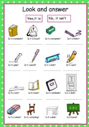 English Worksheet: Look and answer about school objects.