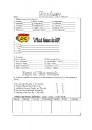 English Worksheet: Numbers and Days of week.