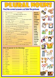 English Worksheet: PLURAL NOUNS   -  B/W & Keys