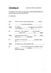 English Worksheet: Checking in at a hotel video conversation 1/4
