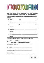 English worksheet: introduce your friend!