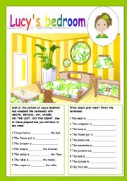 English Worksheet: lucys bedroom (prepositions of place, editable)