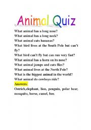 Animal Quiz Esl Worksheet By Shaluobobo