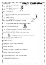 English Worksheet: TOO MUCH, TOO MANY? ENOUGH!