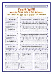 English Worksheet: > Phrasal Verbs Practice 39! > --*-- Definitions + Exercise --*-- BW Included --*-- Fully Editable With Key!