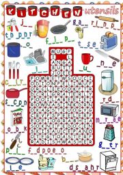 Kitchen Utensils - WORDSEARCH (B&W included)