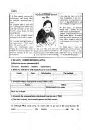 English Worksheet: reading comprehension about friendship : My best friend saved my life 