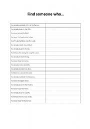 English worksheet: Find someone who (present perfect)