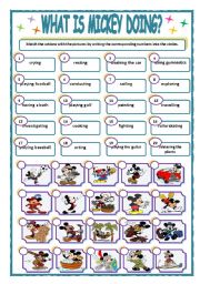 English Worksheet: WHAT IS MICKEY DOING?