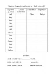 English Worksheet: An introduction to comparatives and superlatives (specifically for use in Korea)