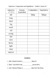 English worksheet: An introduction to comparatives and superlatives (specifically for use in Korea)