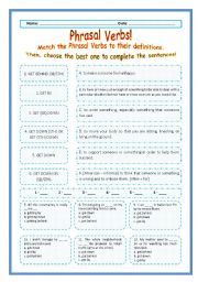 English Worksheet: > Phrasal Verbs Practice 43! > --*-- Definitions + Exercise --*-- BW Included --*-- Fully Editable With Key!