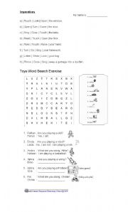English worksheet: English test; imperative, toys wordsearch and asking and answering questions about toys
