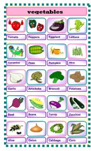 English Worksheet: vegetables : pictionary