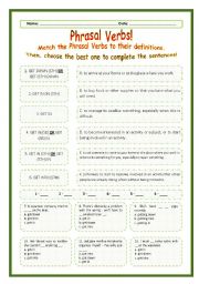 English Worksheet: > Phrasal Verbs Practice 44! > --*-- Definitions + Exercise --*-- BW Included --*-- Fully Editable With Key!