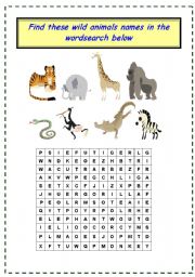 English Worksheet: wild animals wordsearch