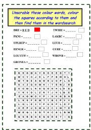 English Worksheet: COLOURS UNSCRABLE AND WORDSEARCH