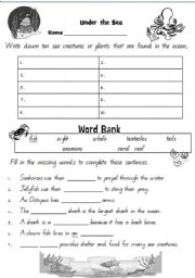 English worksheet: Under the Sea assessment sheet