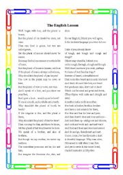 English Worksheet: The English Lesson (Poem, Short Exercises, Speaking and Writing Activities, and Teaching Notes)
