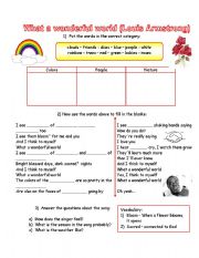 English Worksheet: What a wonderful world (Louis Armstrong) song with exercises and answer key