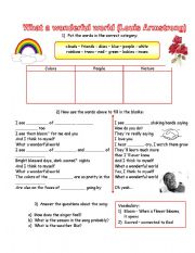 English Worksheet: What a wonderful world (Louis Armstrong) song with exercises and answer key