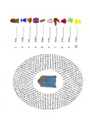 English Worksheet: clothes unscramble and wheel word search