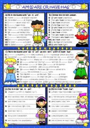 English Worksheet: AM-IS-ARE OR HAVE-HAS (B&W+KEY included)