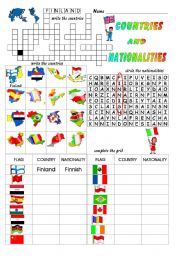 English Worksheet: Countries and Nationalities: colour and grayscale with answer keys.