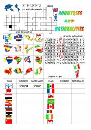 Countries and Nationalities: colour and grayscale with answer keys.