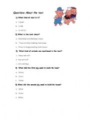 English Worksheet: three little pigs question about the test