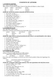 English Worksheet: Positions of Adverbs