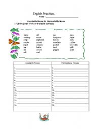 English Worksheet: countables and uncountable noun