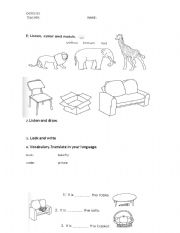 English worksheet: prepositions and colors