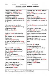English Worksheet: Song fill in the blanks--Heal the world