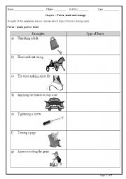 English worksheet: Force, work and energy