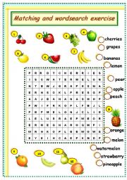 English Worksheet: fruits matching and wordsearch