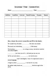 English worksheet: Connectives Table and Fill in the blanks