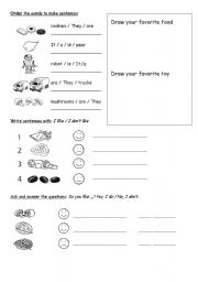 English Worksheet: Food and Toys Likes and Dislikes